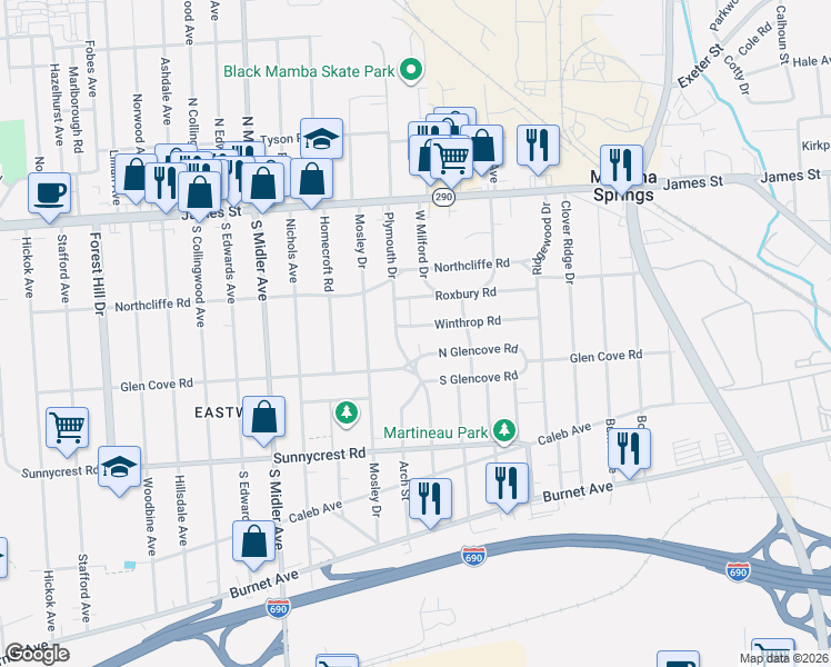 map of restaurants, bars, coffee shops, grocery stores, and more near 315 Plymouth Drive in Syracuse