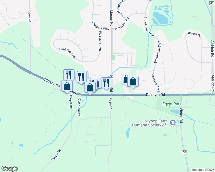 map of restaurants, bars, coffee shops, grocery stores, and more near 409 Mason Road in Fairport