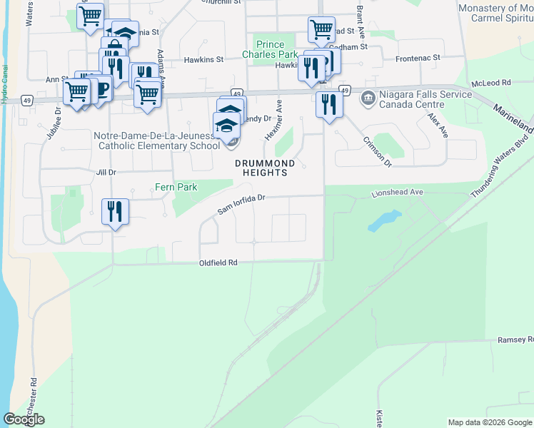 map of restaurants, bars, coffee shops, grocery stores, and more near 7701 Willey Street in Niagara Falls