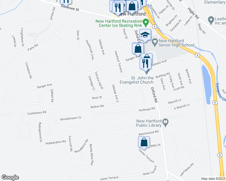 map of restaurants, bars, coffee shops, grocery stores, and more near 84 Hillside Avenue South in New Hartford