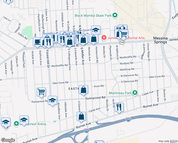 map of restaurants, bars, coffee shops, grocery stores, and more near 248 Nichols Avenue in Syracuse