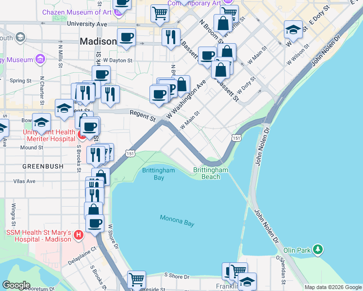 map of restaurants, bars, coffee shops, grocery stores, and more near 729 Clark Court in Madison