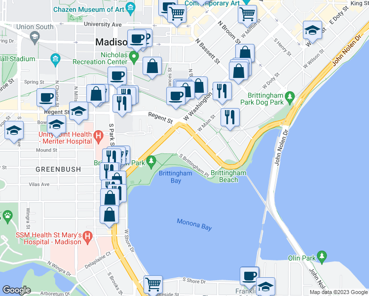 map of restaurants, bars, coffee shops, grocery stores, and more near 727 West Main Street in Madison