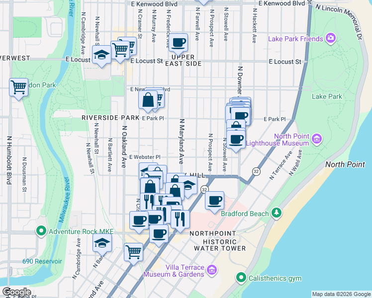 map of restaurants, bars, coffee shops, grocery stores, and more near 2570 North Maryland Avenue in Milwaukee