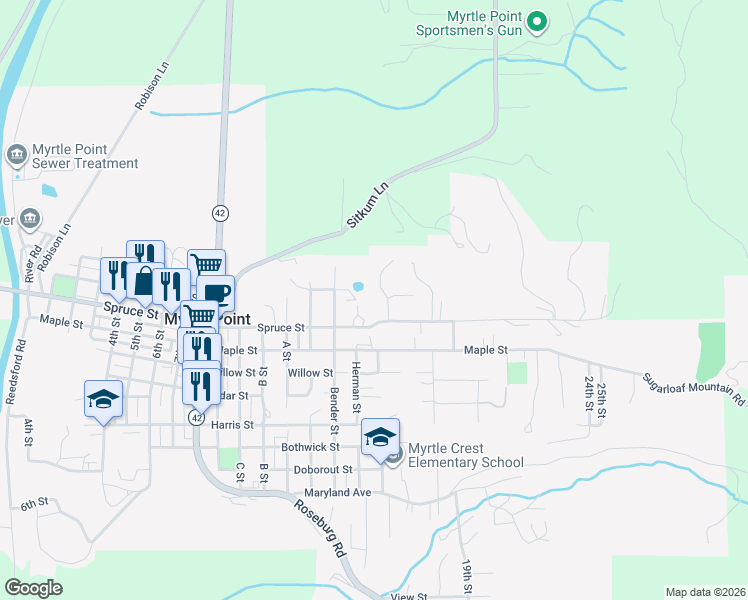 map of restaurants, bars, coffee shops, grocery stores, and more near 1431 Spruce Street in Myrtle Point