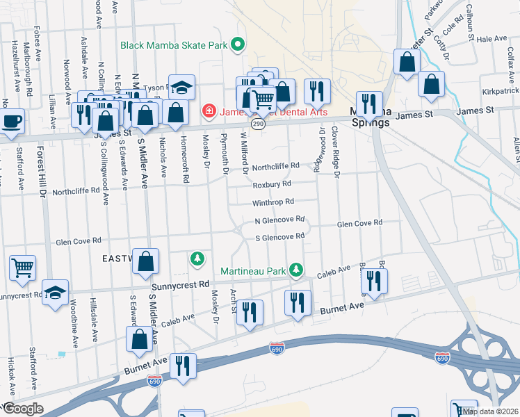 map of restaurants, bars, coffee shops, grocery stores, and more near 1133 North Glencove Road in Syracuse