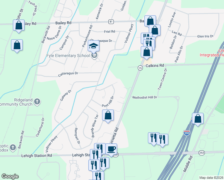 map of restaurants, bars, coffee shops, grocery stores, and more near 20 Post Hill Drive in Rochester