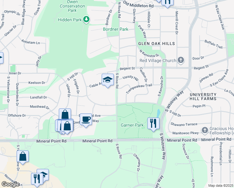 map of restaurants, bars, coffee shops, grocery stores, and more near 120 South Rosa Road in Madison