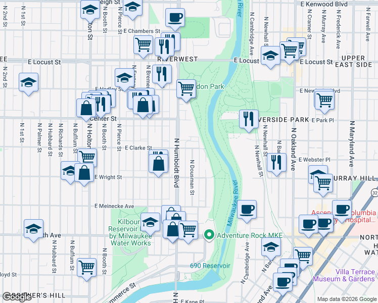 map of restaurants, bars, coffee shops, grocery stores, and more near 1129 East Clarke Street in Milwaukee