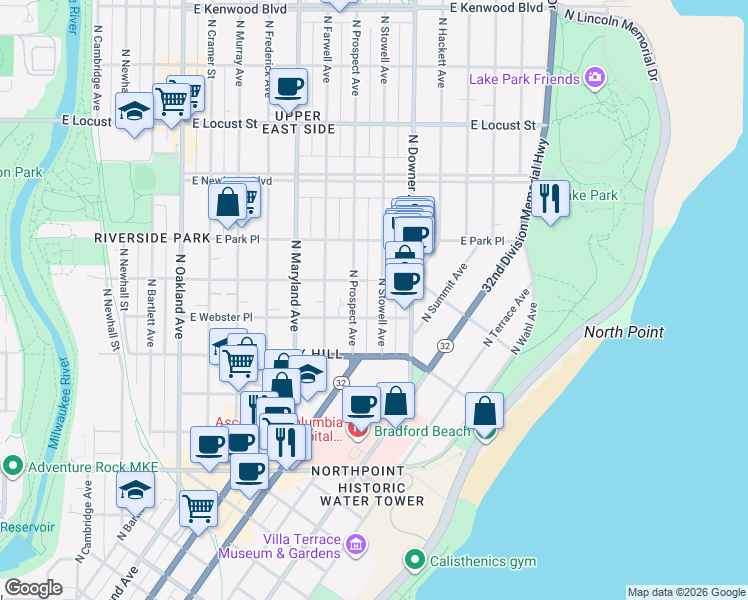 map of restaurants, bars, coffee shops, grocery stores, and more near 2575 North Stowell Avenue in Milwaukee