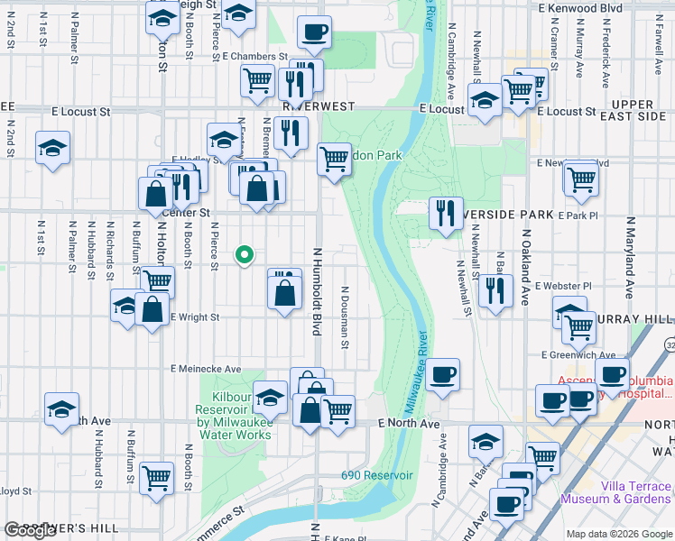 map of restaurants, bars, coffee shops, grocery stores, and more near 2553 North Dousman Street in Milwaukee
