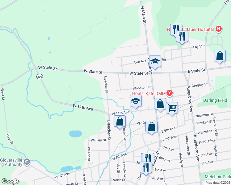 map of restaurants, bars, coffee shops, grocery stores, and more near 50 West 12th Avenue in Gloversville