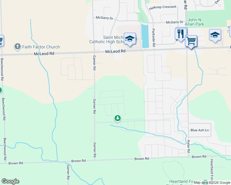 map of restaurants, bars, coffee shops, grocery stores, and more near 8670 Chickory Trail in Niagara Falls