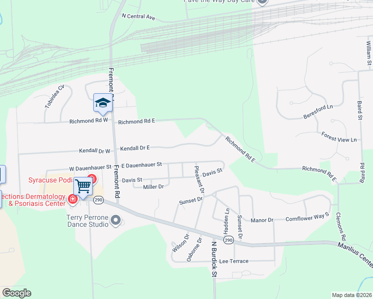 map of restaurants, bars, coffee shops, grocery stores, and more near 143 East Dauenhauer Street in East Syracuse