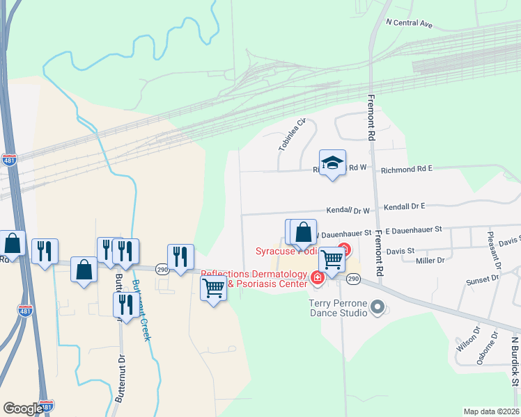 map of restaurants, bars, coffee shops, grocery stores, and more near 154 Kendall Drive West in East Syracuse