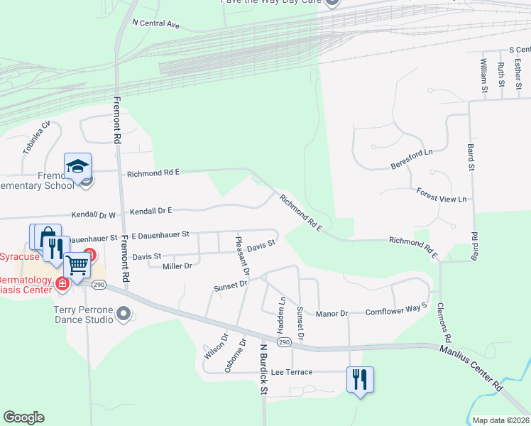 map of restaurants, bars, coffee shops, grocery stores, and more near 215 East Dauenhauer Street in East Syracuse