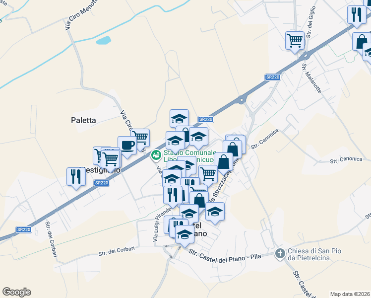 map of restaurants, bars, coffee shops, grocery stores, and more near 188 Via Pievaiola in Castel del Piano