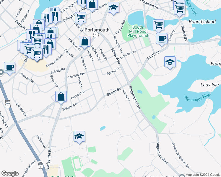 map of restaurants, bars, coffee shops, grocery stores, and more near 845 South Street in Portsmouth