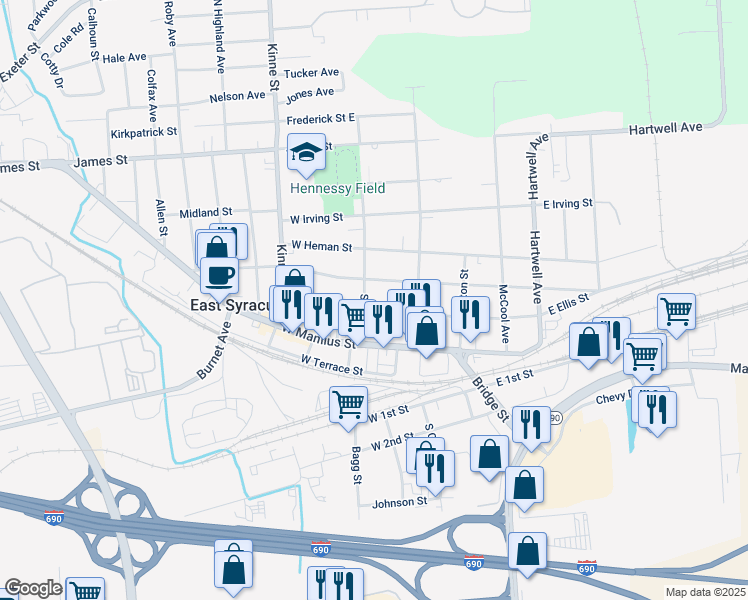 map of restaurants, bars, coffee shops, grocery stores, and more near 115 West Ellis Street in East Syracuse