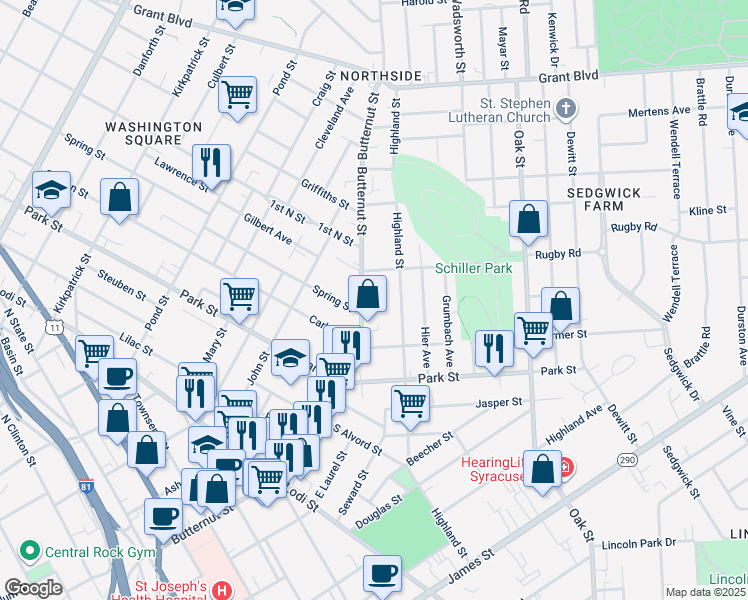 map of restaurants, bars, coffee shops, grocery stores, and more near 1020 Butternut Street in Syracuse