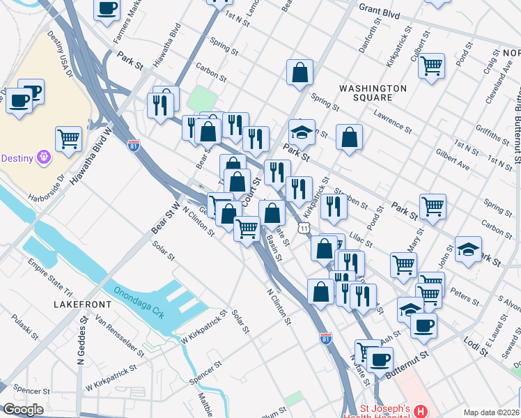 map of restaurants, bars, coffee shops, grocery stores, and more near 206 Sunset Avenue in Syracuse