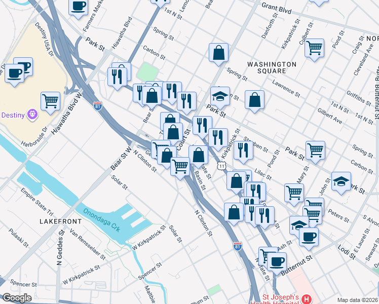 map of restaurants, bars, coffee shops, grocery stores, and more near 206 Sunset Avenue in Syracuse