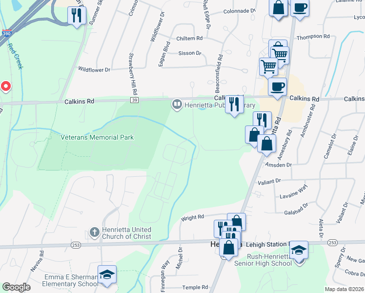 map of restaurants, bars, coffee shops, grocery stores, and more near 6 Town Circle in Henrietta