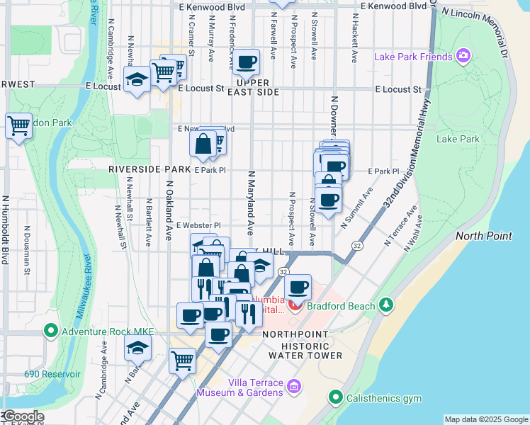 map of restaurants, bars, coffee shops, grocery stores, and more near 2555 North Farwell Avenue in Milwaukee