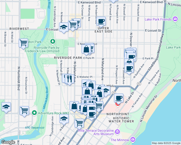 map of restaurants, bars, coffee shops, grocery stores, and more near 2014 East Webster Place in Milwaukee