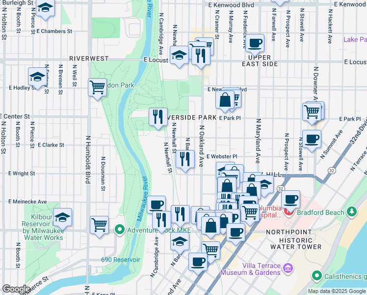 map of restaurants, bars, coffee shops, grocery stores, and more near 2557 North Bartlett Avenue in Milwaukee