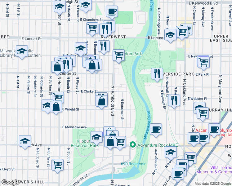 map of restaurants, bars, coffee shops, grocery stores, and more near 2553 North Dousman Street in Milwaukee