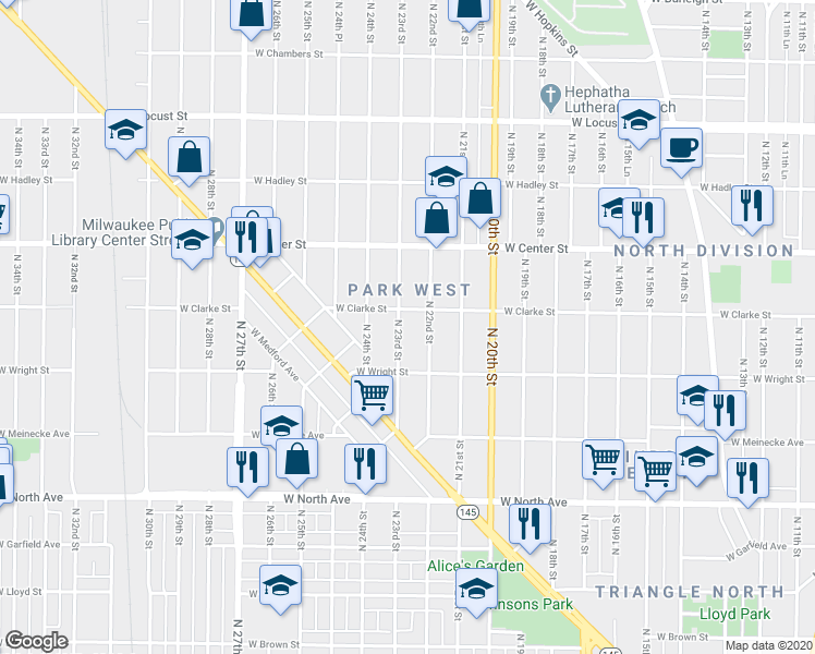 map of restaurants, bars, coffee shops, grocery stores, and more near 2537 North 22nd Street in Milwaukee