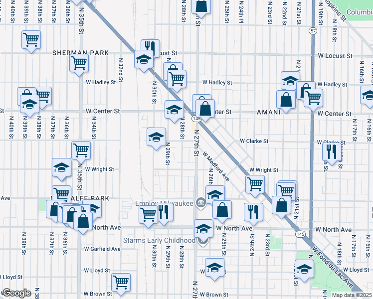 map of restaurants, bars, coffee shops, grocery stores, and more near 2531-2533 North 27th Street in Milwaukee