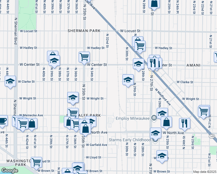 map of restaurants, bars, coffee shops, grocery stores, and more near 2532 North 33rd Street in Milwaukee