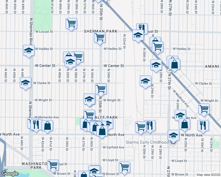map of restaurants, bars, coffee shops, grocery stores, and more near 2529 North 33rd Street in Milwaukee
