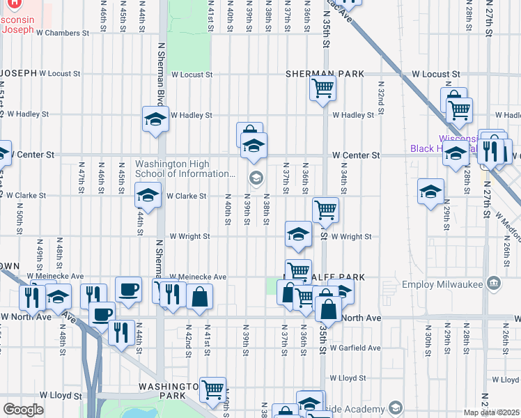 map of restaurants, bars, coffee shops, grocery stores, and more near 2533 North 38th Street in Milwaukee