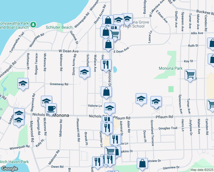 map of restaurants, bars, coffee shops, grocery stores, and more near 5007 Monona Drive in Monona