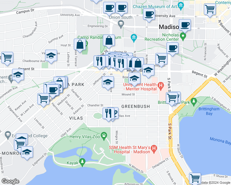 map of restaurants, bars, coffee shops, grocery stores, and more near 202 South Randall Avenue in Madison