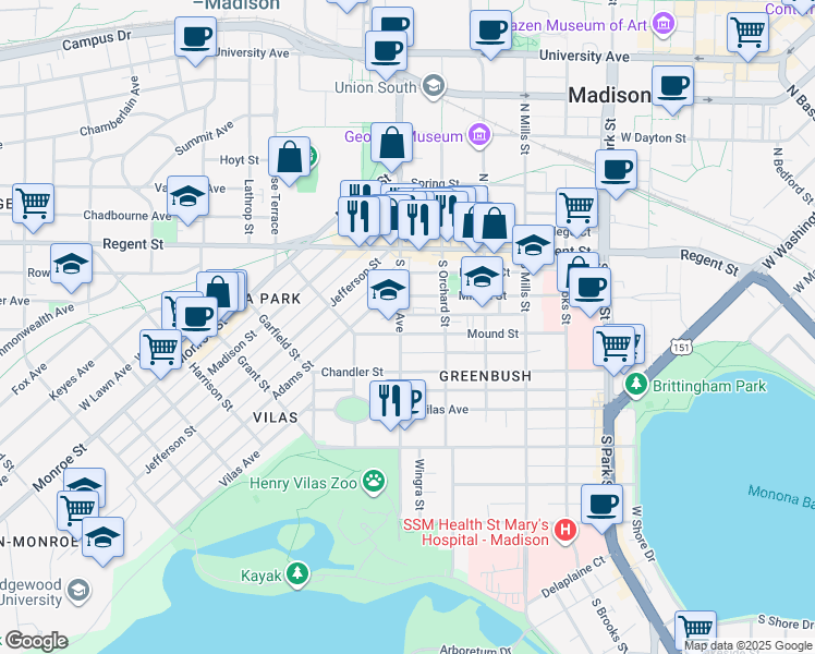 map of restaurants, bars, coffee shops, grocery stores, and more near 202 South Randall Avenue in Madison