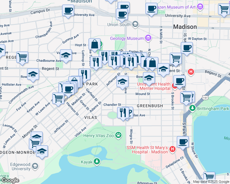map of restaurants, bars, coffee shops, grocery stores, and more near 1443 Mound Street in Madison