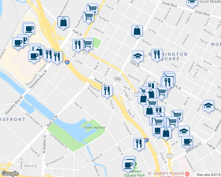 map of restaurants, bars, coffee shops, grocery stores, and more near 301 Sunset Avenue in Syracuse