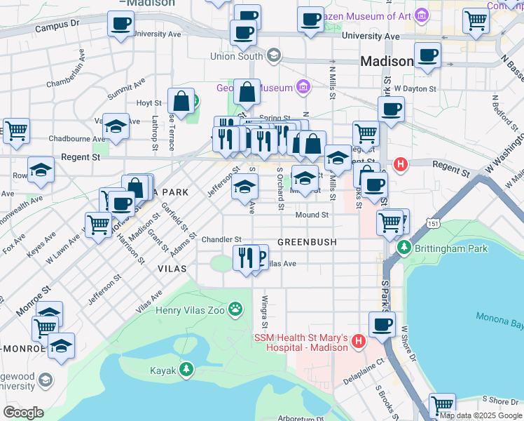 map of restaurants, bars, coffee shops, grocery stores, and more near 1326 Mound Street in Madison