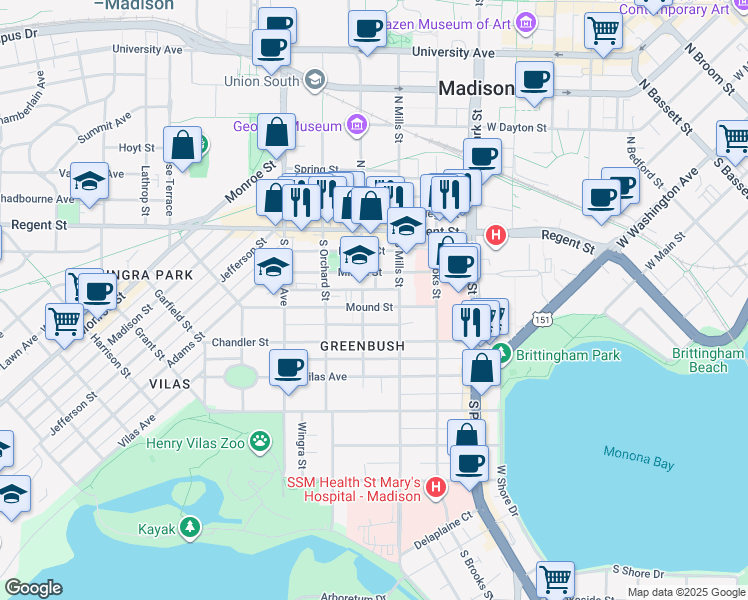 map of restaurants, bars, coffee shops, grocery stores, and more near 1116 Mound Street in Madison