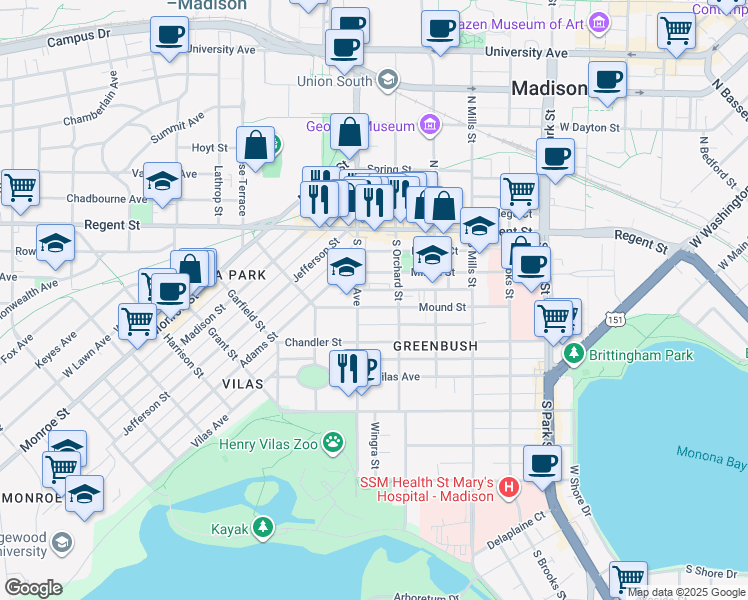 map of restaurants, bars, coffee shops, grocery stores, and more near 1324 Mound Street in Madison