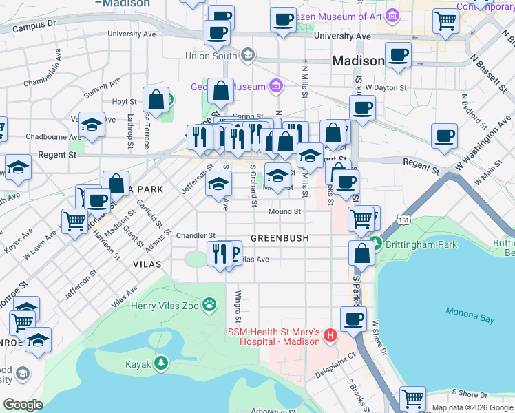 map of restaurants, bars, coffee shops, grocery stores, and more near 1236 Mound Street in Madison