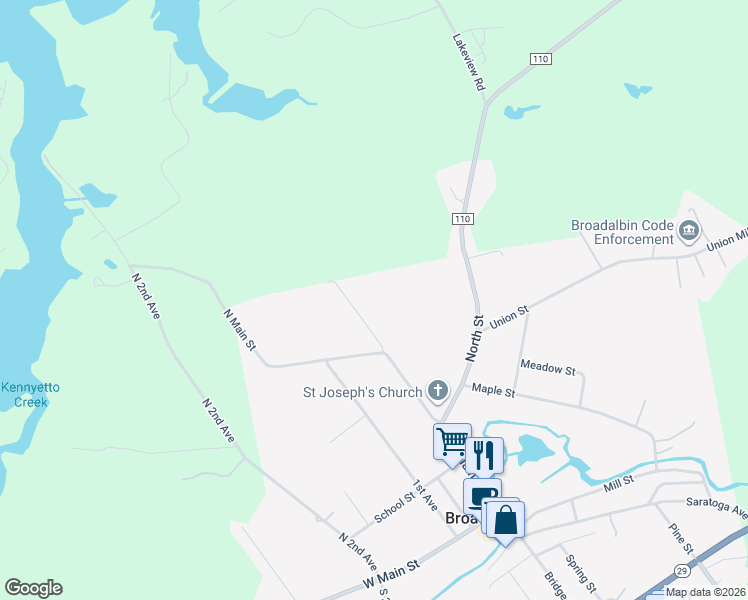 map of restaurants, bars, coffee shops, grocery stores, and more near 118 Dream Street in Broadalbin