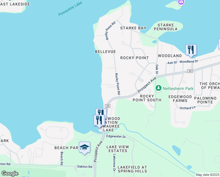 map of restaurants, bars, coffee shops, grocery stores, and more near W277N2531 Rocky Point Road in Pewaukee
