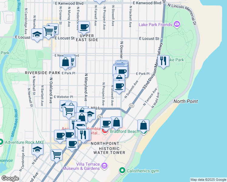 map of restaurants, bars, coffee shops, grocery stores, and more near 2576 North Stowell Avenue in Milwaukee
