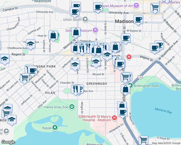 map of restaurants, bars, coffee shops, grocery stores, and more near 1226 Mound Street in Madison