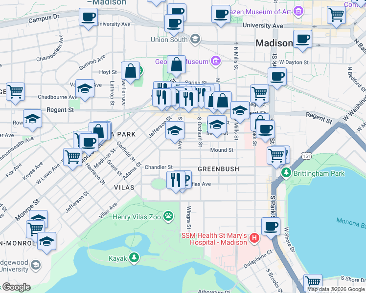 map of restaurants, bars, coffee shops, grocery stores, and more near 202 South Randall Avenue in Madison